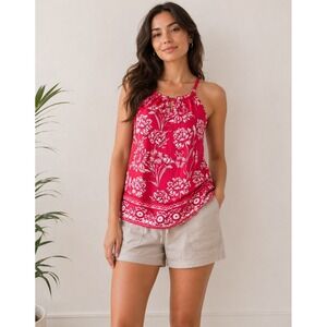 INC International Concepts Red Floral Halter Top Sharkbite Hem Women's Small EUC